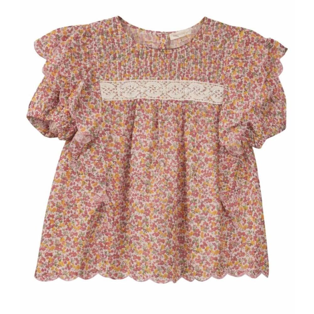 Love shack fancy women medium cottagecore blouse boxy ruffle floral pink yellow